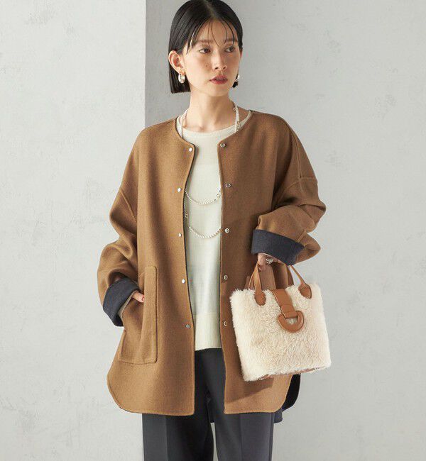 SHIPS for women「セミ 梳毛 配色 リバーシブル ノーカラー ショート コート」|ノーカラーコート|