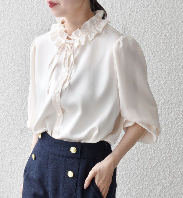 SHIPS any「《追加予約》SHIPS any:〈洗濯機可能〉サテン フリル カラー リボン シャツ ブラウス」|シャツ・ブラウス|