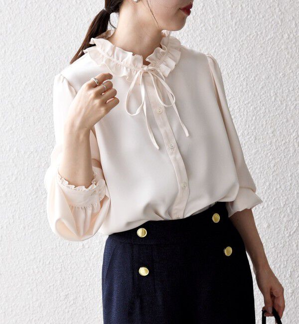 SHIPS any「《追加予約》SHIPS any:〈洗濯機可能〉サテン フリル カラー リボン シャツ ブラウス」|シャツ・ブラウス|