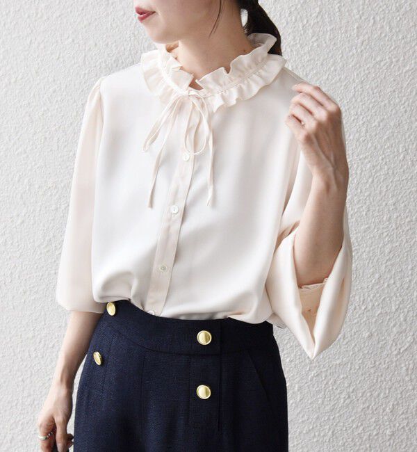 SHIPS any「《追加予約》SHIPS any:〈洗濯機可能〉サテン フリル カラー リボン シャツ ブラウス」|シャツ・ブラウス|