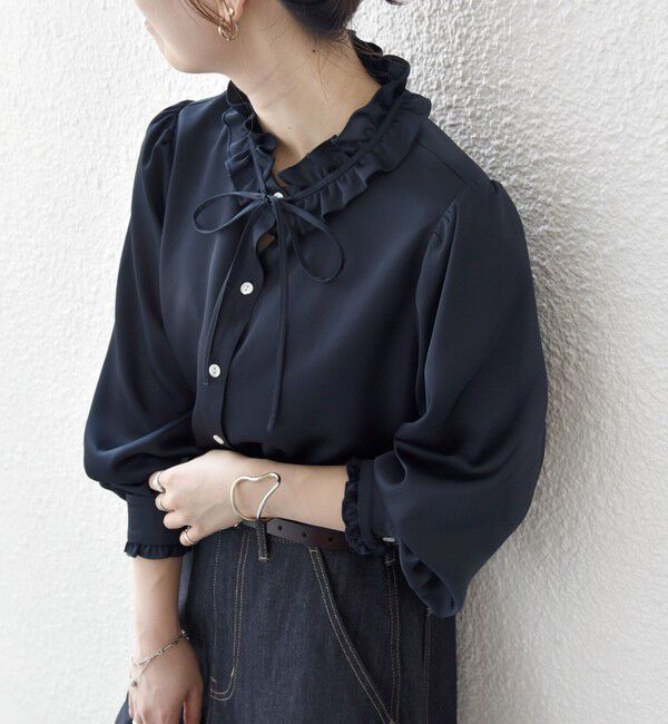 SHIPS any「《追加予約》SHIPS any:〈洗濯機可能〉サテン フリル カラー リボン シャツ ブラウス」|シャツ・ブラウス|