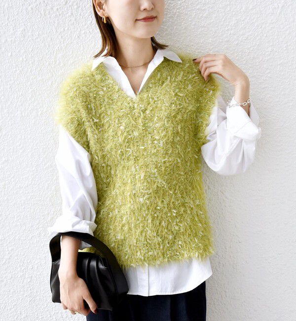 SHIPS for women「【WEB限定】〈手洗い可能〉チュール フェザー MIX ニット ベスト」|ベスト・ジレ|ライトグリーン
