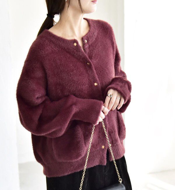 quaranciel「quaranciel:〈手洗い可能〉ファーライク クルーネック スナップ ニット カーディガン」|カーディガン|