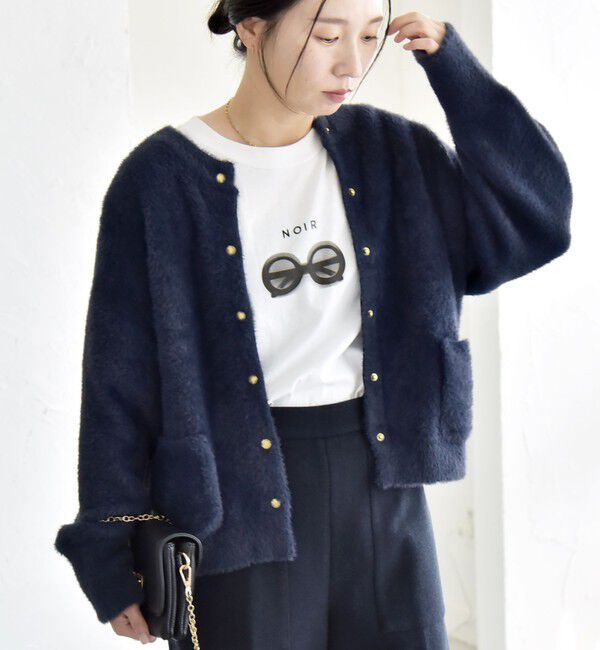 quaranciel「quaranciel:〈手洗い可能〉ファーライク クルーネック スナップ ニット カーディガン」|カーディガン|