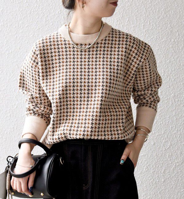 SHIPS any「SHIPS any:〈手洗い可能〉モールヤーン クルーネック ロゴ 千鳥柄 プルオーバー」|ニット・セーター|