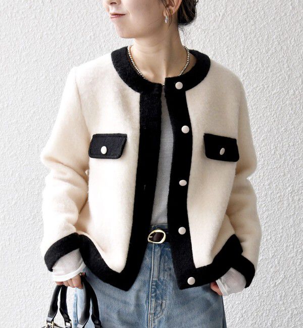 SHIPS any「SHIPS any: バイカラー クルーネック カーディガン ジャケット」|ノーカラージャケット|