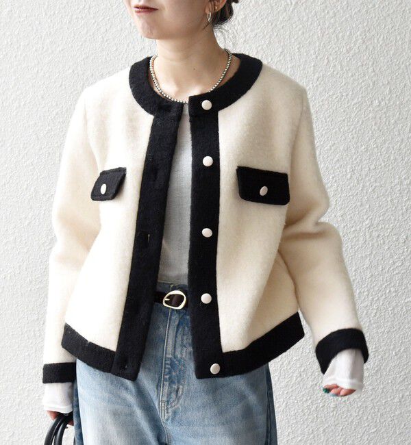 SHIPS any「SHIPS any: バイカラー クルーネック カーディガン ジャケット」|ノーカラージャケット|