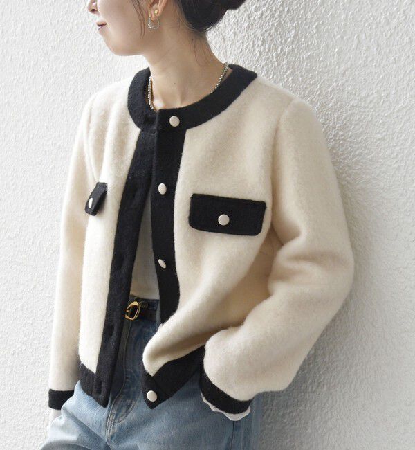 SHIPS any「SHIPS any: バイカラー クルーネック カーディガン ジャケット」|ノーカラージャケット|