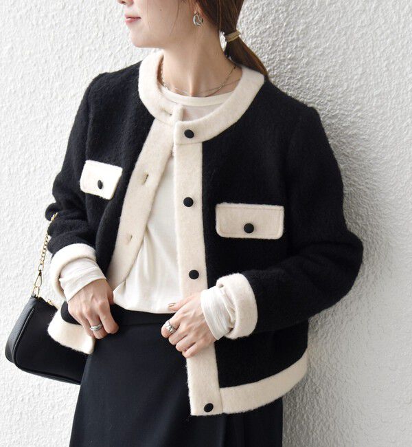 SHIPS any「SHIPS any: バイカラー クルーネック カーディガン ジャケット」|ノーカラージャケット|ブラック