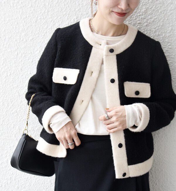 SHIPS any「SHIPS any: バイカラー クルーネック カーディガン ジャケット」|ノーカラージャケット|