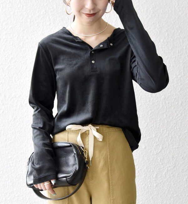 SHIPS any「SHIPS any:〈洗濯機可能〉ポリエステル ベロア 2way ヘンリーネック プルオーバー」|Tシャツ・カットソー|ブラック