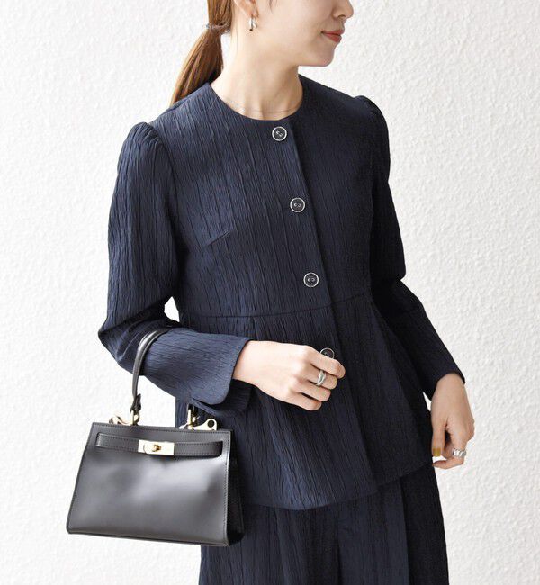 SHIPS any「SHIPS any:〈手洗い可能〉ジャカード ノーカラー ペプラム ジャケット［NAVY BLUE］」|ノーカラージャケット|ネイビー