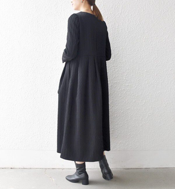 SHIPS any「SHIPS any:〈手洗い可能〉ジャカード ウエスト タック ノーカラー ワンピース［NAVY BLUE］」|ワンピース|