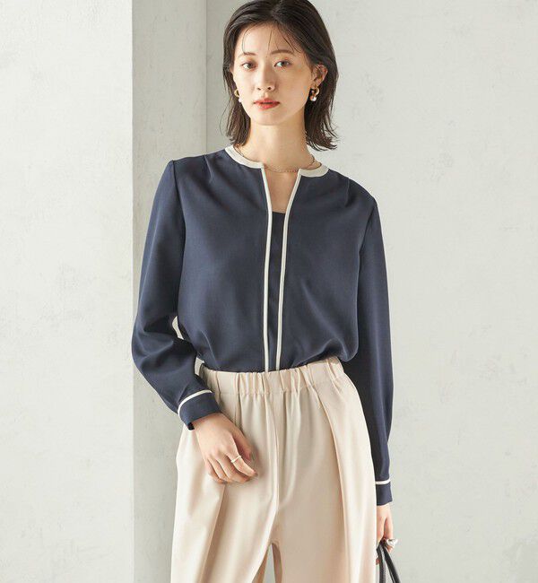 SHIPS for women「〈手洗い可能〉配色 パイピング キーネック 長袖ブラウス」|シャツ・ブラウス|