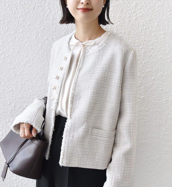 SHIPS for women「トライスピン 杢 ツイード パール モチーフ ボタン ジャケット（セレモニー対応可）」|ノーカラージャケット|