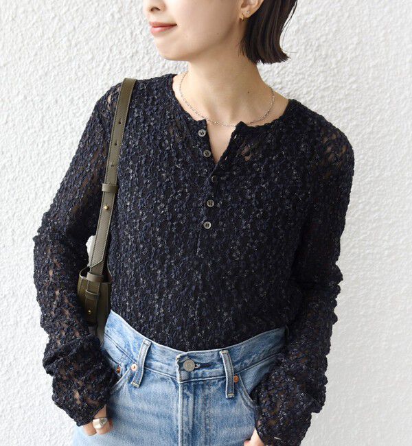 SHIPS for women「〈手洗い可能〉ラッセル レース ヘンリー ネック 2WAY プルオーバー」|Tシャツ・カットソー|