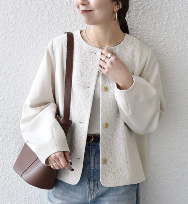 SHIPS any「SHIPS any:〈手洗い可能〉ダブルクロス レース 切替 ノーカラー ジャケット［NAVY BLUE］」|ノーカラージャケット|