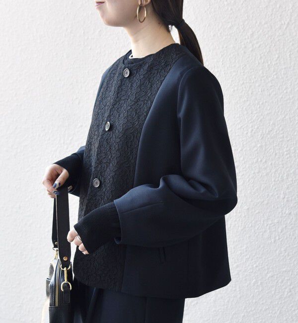 SHIPS any「SHIPS any:〈手洗い可能〉ダブルクロス レース 切替 ノーカラー ジャケット［NAVY BLUE］」|ノーカラージャケット|ネイビー