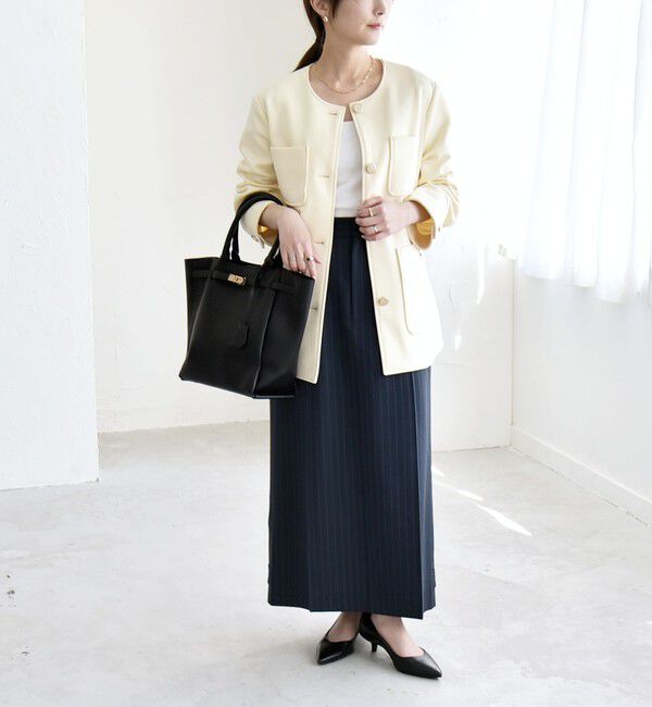 quaranciel「quaranciel:〈手洗い可能〉ジャージー ゴールドボタン クルーネック ジャケット」|ノーカラージャケット|