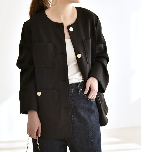 quaranciel「quaranciel:〈手洗い可能〉ジャージー ゴールドボタン クルーネック ジャケット」|ノーカラージャケット|