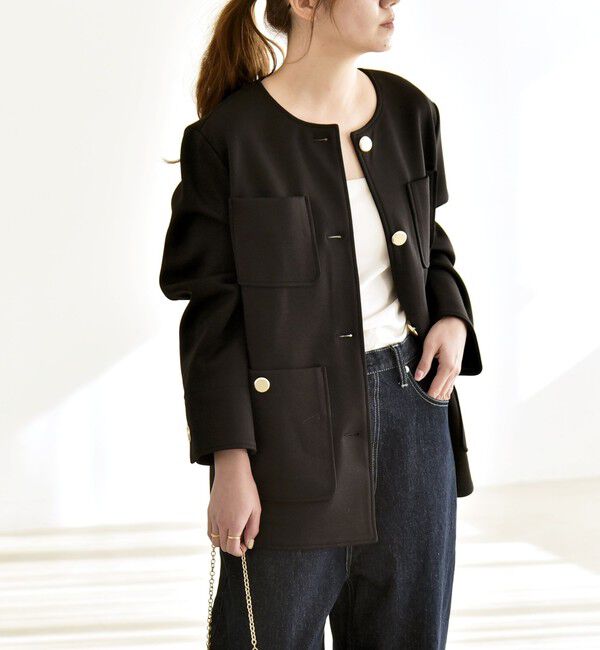 quaranciel「quaranciel:〈手洗い可能〉ジャージー ゴールドボタン クルーネック ジャケット」|ノーカラージャケット|