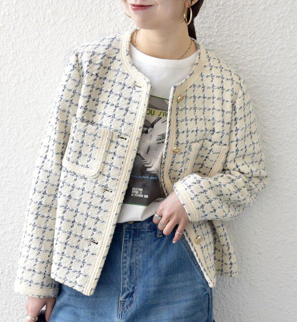 SHIPS any「SHIPS any: ツイード  パイピング ノーカラー ジャケット」|ノーカラージャケット|ベージュ