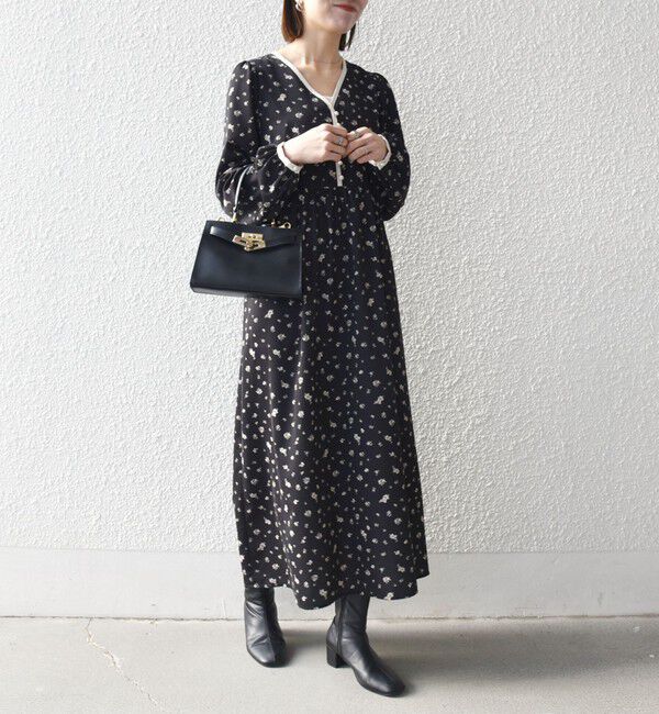 SHIPS any「SHIPS any:〈洗濯機可能〉フラワー プリント バイカラー Vネック ギャザー ワンピース」|ワンピース|