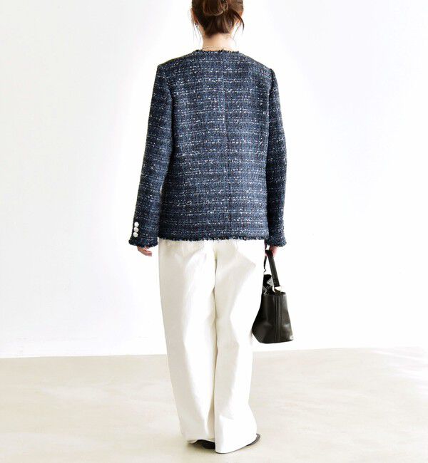 quaranciel「quaranciel: ツイード ノーラペル フリンジ ジャケット」|ノーカラージャケット|