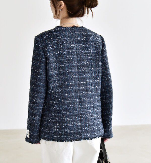 quaranciel「quaranciel: ツイード ノーラペル フリンジ ジャケット」|ノーカラージャケット|