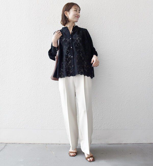 SHIPS any「《追加予約》SHIPS any:〈手洗い可能〉フラワー メッシュ レース バンドカラー タック シャツ」|シャツ・ブラウス|