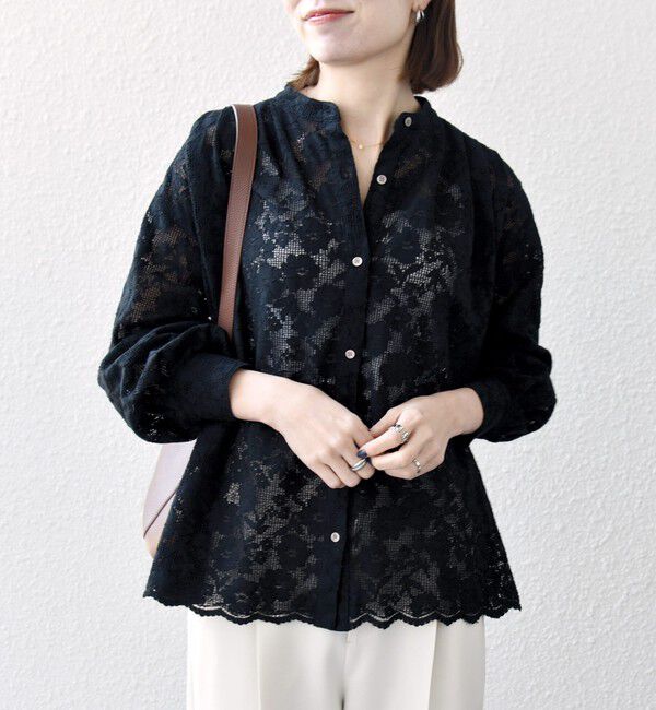 SHIPS any「《追加予約》SHIPS any:〈手洗い可能〉フラワー メッシュ レース バンドカラー タック シャツ」|シャツ・ブラウス|