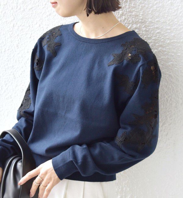 SHIPS for women「【WEB限定】〈手洗い可能〉ショルダー レース コンビ ニット プルオーバー」|ニット・セーター|ネイビー