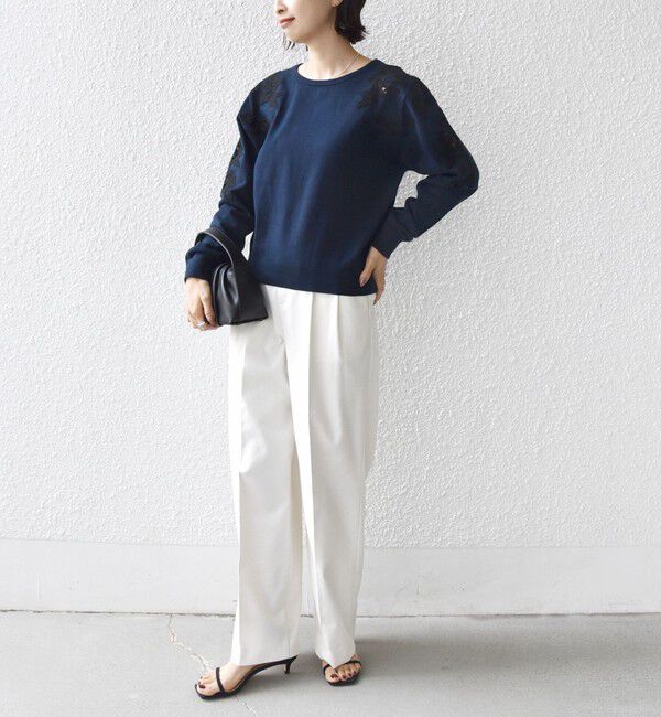 SHIPS for women「【WEB限定】〈手洗い可能〉ショルダー レース コンビ ニット プルオーバー」|ニット・セーター|