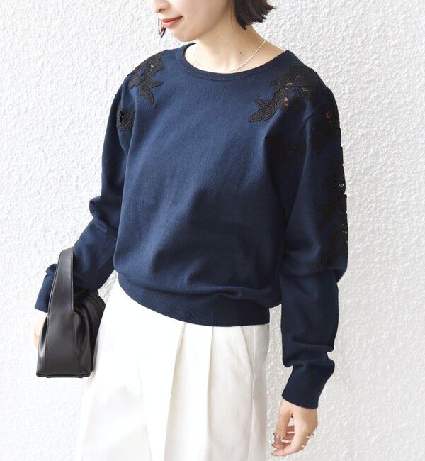 SHIPS for women「【WEB限定】〈手洗い可能〉ショルダー レース コンビ ニット プルオーバー」|ニット・セーター|