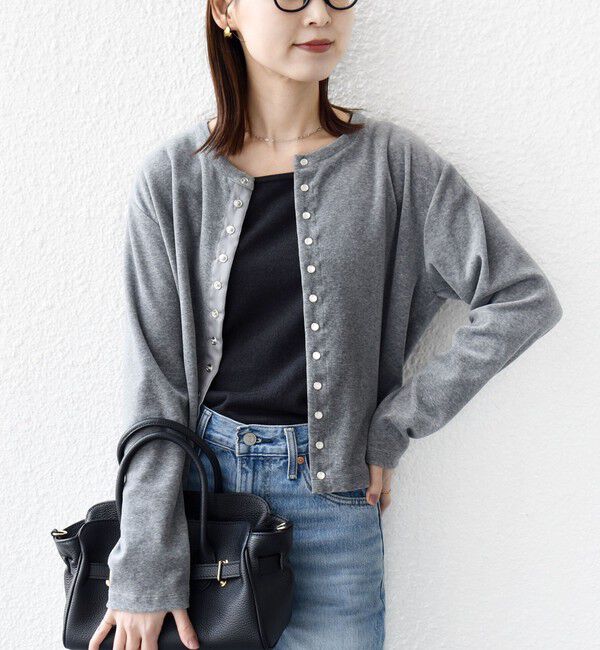 SHIPS for women「〈手洗い可能〉コットン ベロア パール モチーフ ボタン カーディガン」|カーディガン|ライトグレー