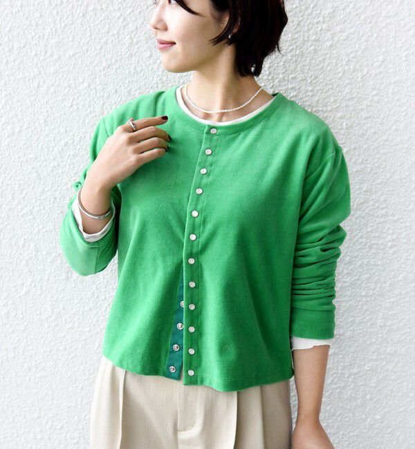 SHIPS for women「〈手洗い可能〉コットン ベロア パール モチーフ ボタン カーディガン」|カーディガン|