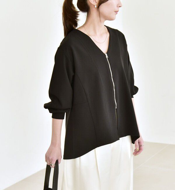 quaranciel「quaranciel:〈洗濯機可能〉カットジョーゼット Vネック ジップ カーディガン」|カーディガン|