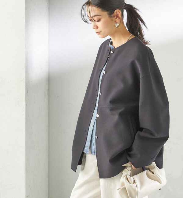 SHIPS for women「〈手洗い可能〉ストレッチ 二重織 リバー 仕立て ノーカラー コート」|その他|ネイビー