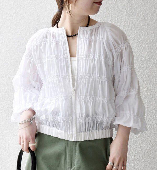 SHIPS any「SHIPS any:〈洗濯機可能〉シアー ギャザー フリル ブルゾン」|ブルゾン・スタジャン|ホワイト