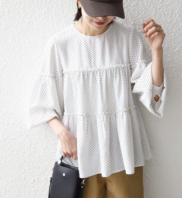 SHIPS any「SHIPS any:〈洗濯機可能〉ドット ノーカラー ティアード フレア ブラウス」|シャツ・ブラウス|ホワイト