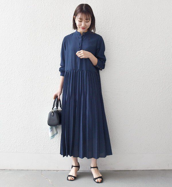 SHIPS any「《追加予約》SHIPS any:〈手洗い可能〉ドット バンドカラー プリーツ ロング ワンピース」|ワンピース|