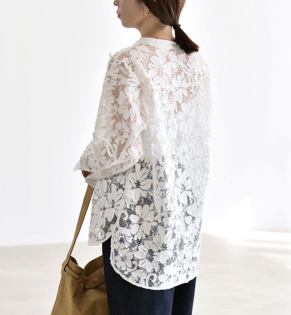 quaranciel「quaranciel:〈手洗い可能〉デニム フラワー レース バンドカラー シャツ」|シャツ・ブラウス|