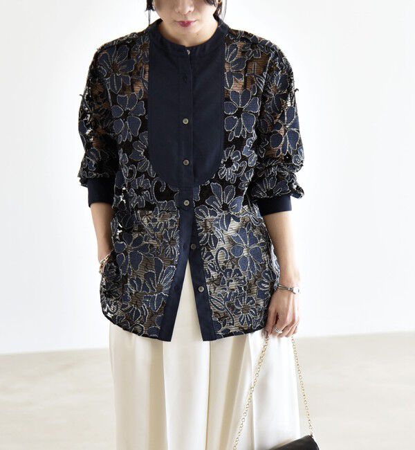quaranciel「quaranciel:〈手洗い可能〉デニム フラワー レース バンドカラー シャツ」|シャツ・ブラウス|