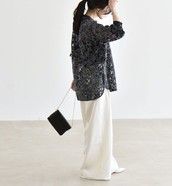 quaranciel「quaranciel:〈手洗い可能〉デニム フラワー レース バンドカラー シャツ」|シャツ・ブラウス|