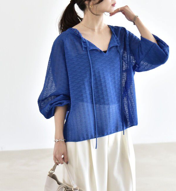 quaranciel「quaranciel:〈手洗い可能〉レース ジャカード ギャザー リボン プルオーバー」|シャツ・ブラウス|