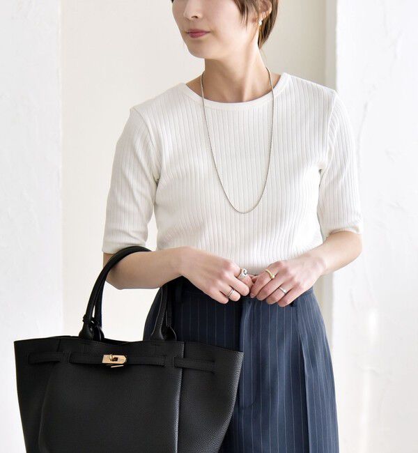 quaranciel「quaranciel:〈洗濯機可能〉テレコ リブ クルー ヘンリー 2way ハーフスリーブ TEE」|Tシャツ・カットソー|ホワイト