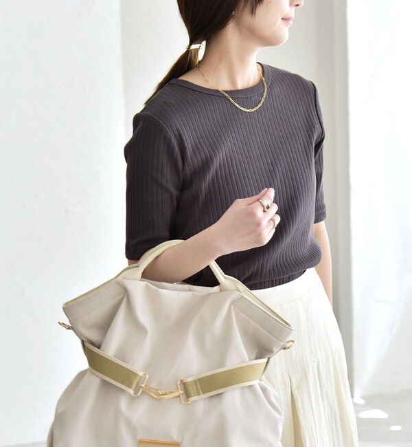 quaranciel「quaranciel:〈洗濯機可能〉テレコ リブ クルー ヘンリー 2way ハーフスリーブ TEE」|Tシャツ・カットソー|