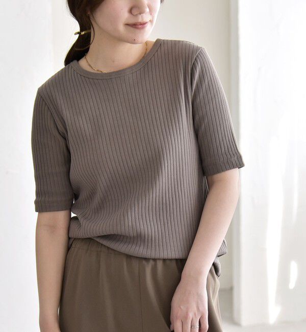 quaranciel「quaranciel:〈洗濯機可能〉テレコ リブ クルー ヘンリー 2way ハーフスリーブ TEE」|Tシャツ・カットソー|