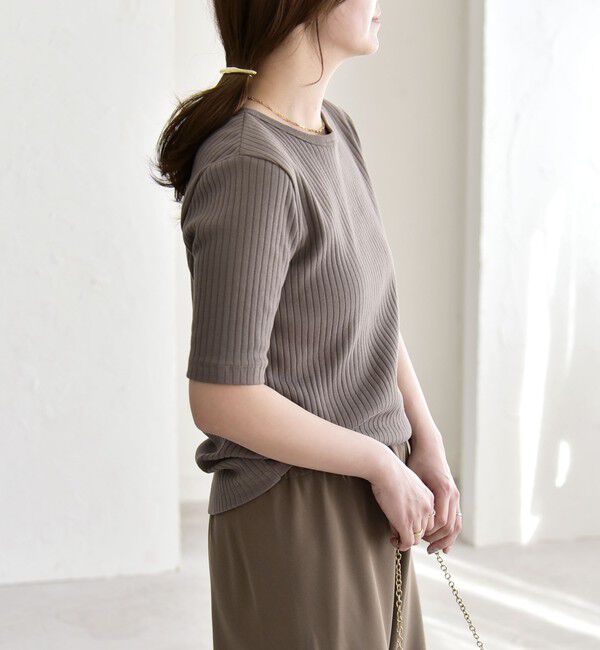 quaranciel「quaranciel:〈洗濯機可能〉テレコ リブ クルー ヘンリー 2way ハーフスリーブ TEE」|Tシャツ・カットソー|