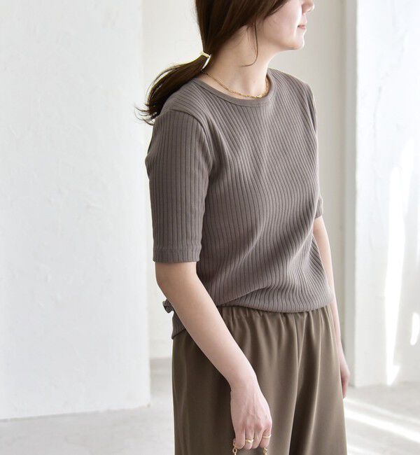 quaranciel「quaranciel:〈洗濯機可能〉テレコ リブ クルー ヘンリー 2way ハーフスリーブ TEE」|Tシャツ・カットソー|